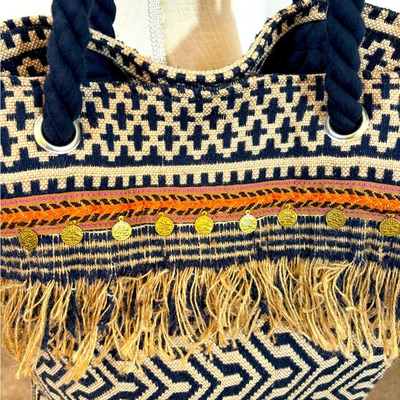 C & C California Home Jute XLarge Tote Bag Blue Tassel Medallion Pattern Boho - Picture 3 of 14